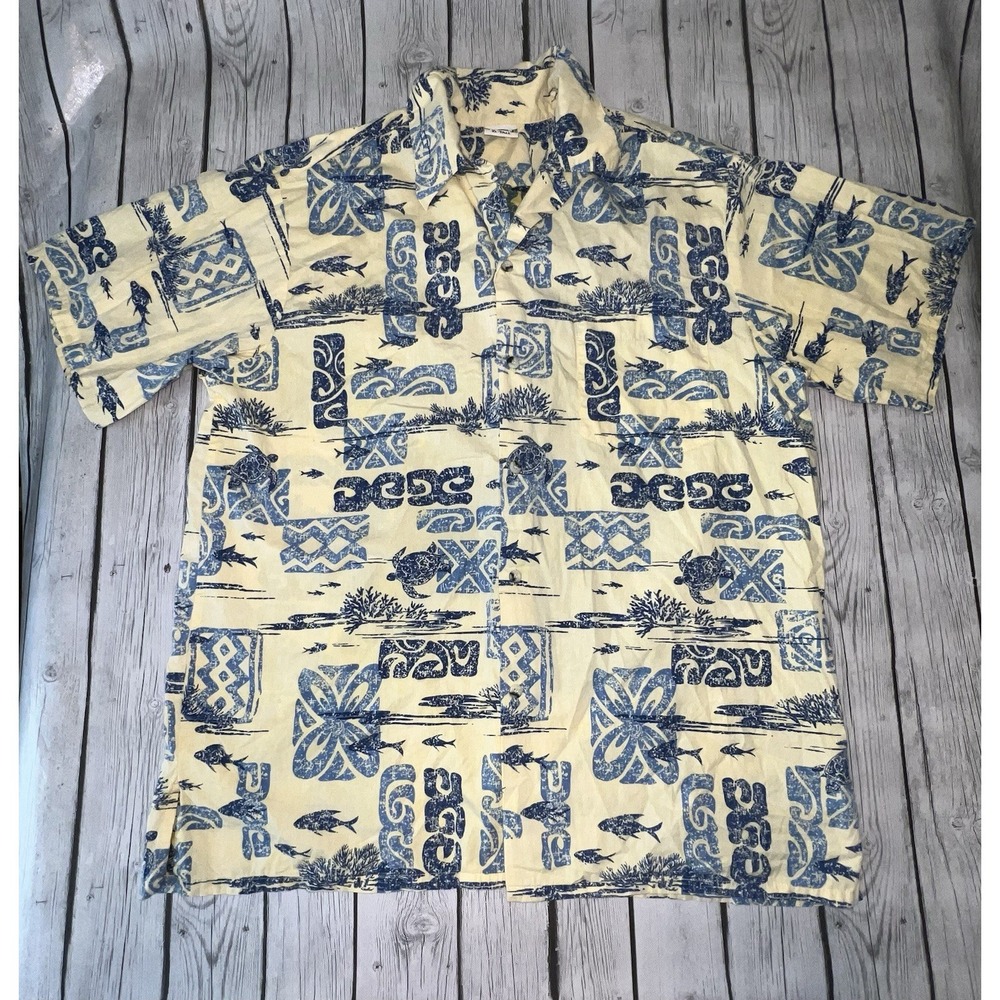 Go Barefoot Hawaiian Tradition Full Button Up Shirt XL Tall Yellow And Blue